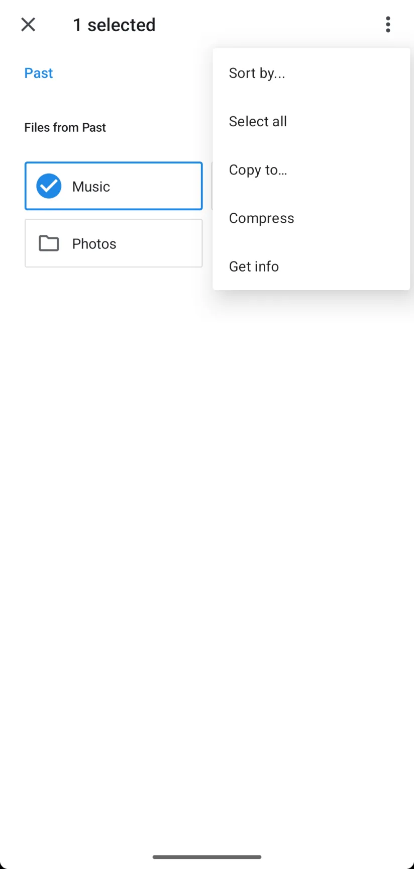 Android Files app: long-press actions on a Past folder