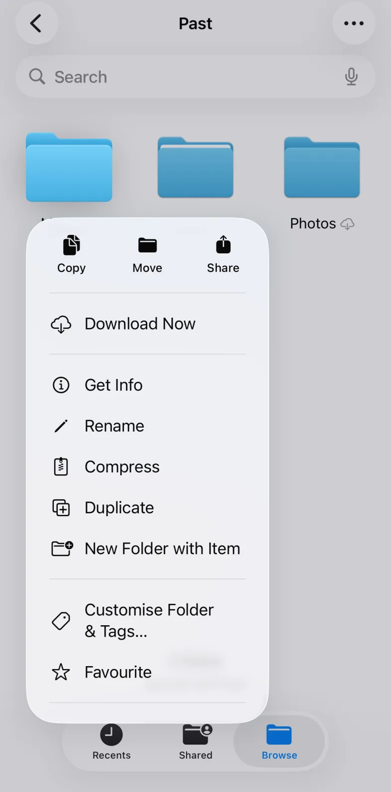 iOS Files app: long-press actions on a Past folder